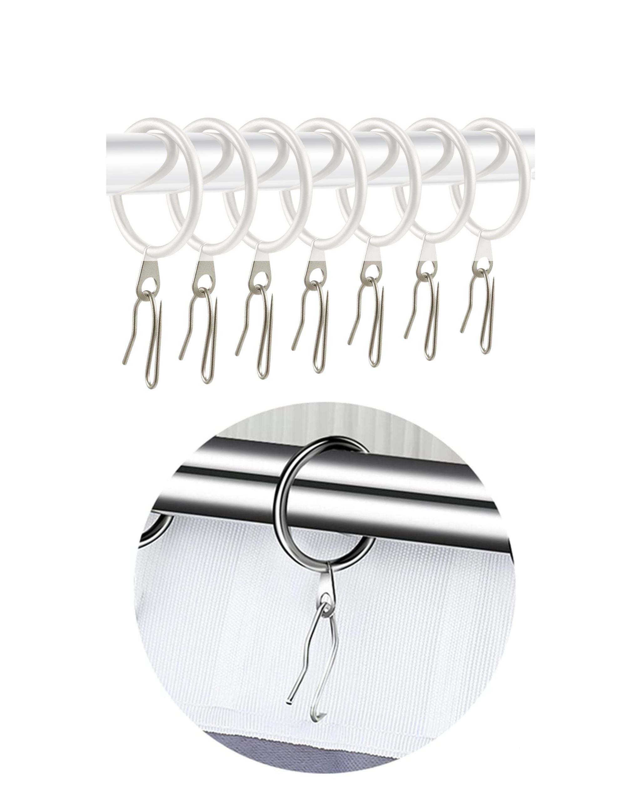 Set of metal valence pin curtain hooks with close-up detail on a white background